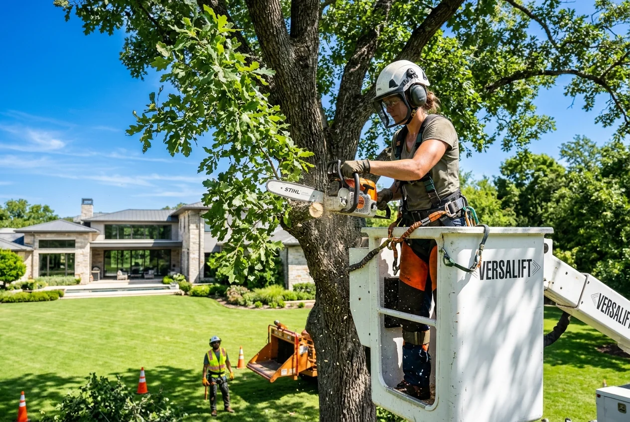 Arborist in full safety gear pruning an oak from an aerial lift