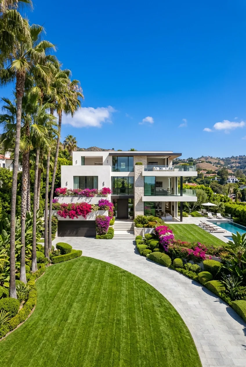 Estate lined with tall palms