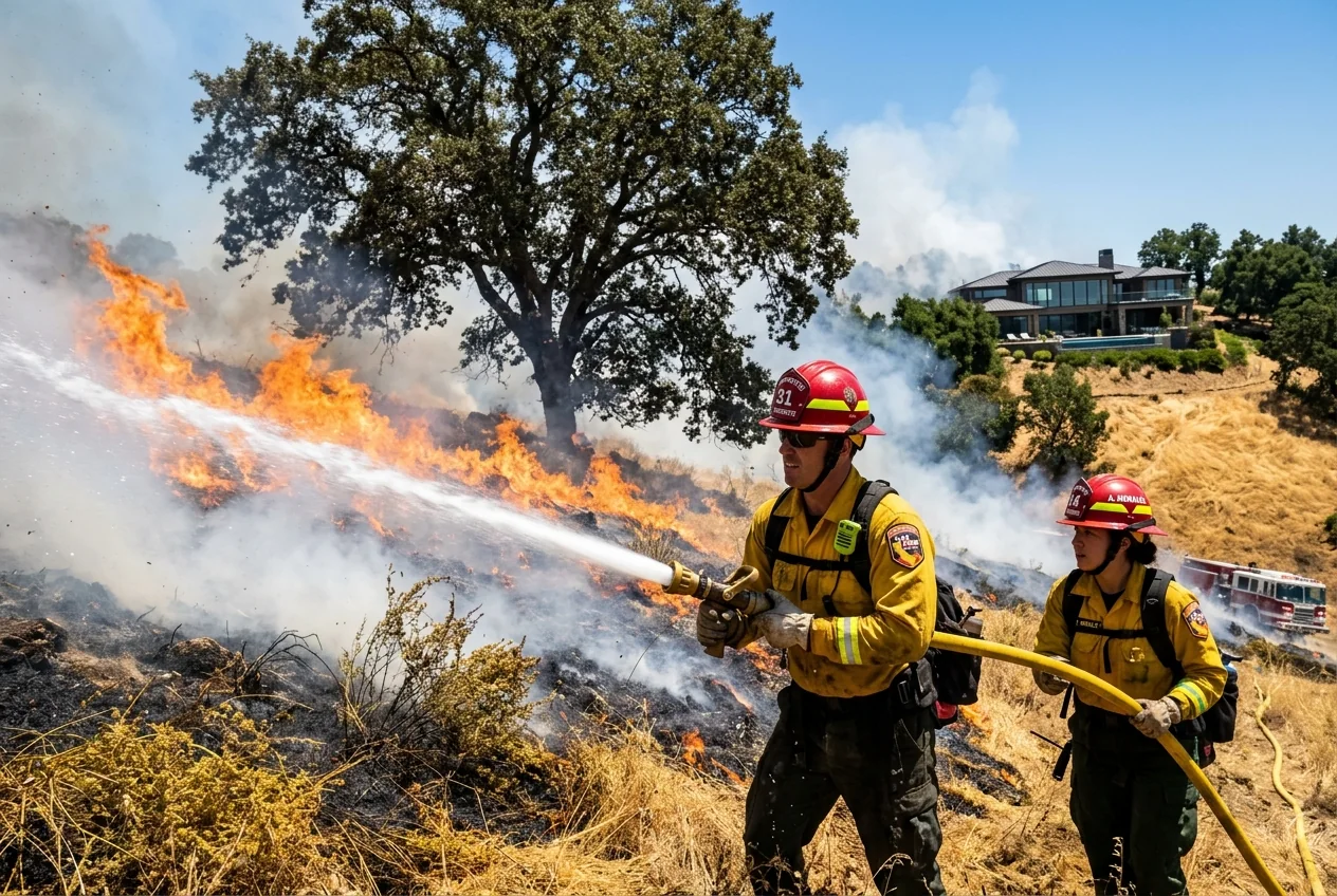 Firefighters battling a brush fire on a California hillside