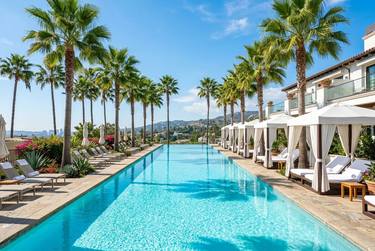 Resort pool framed by palms